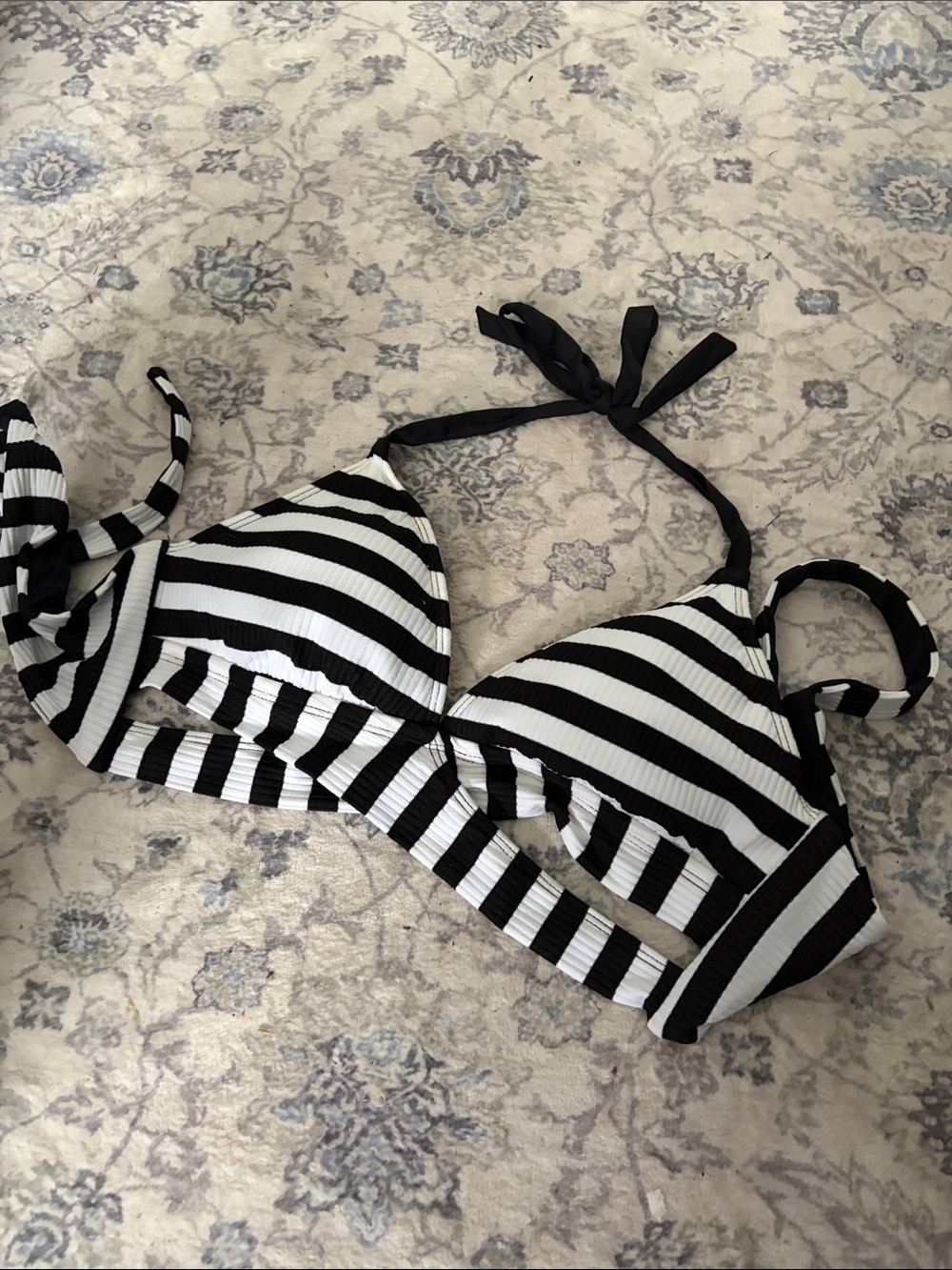 Kona Sol Black and White Tie-Back Striped Bikini Top